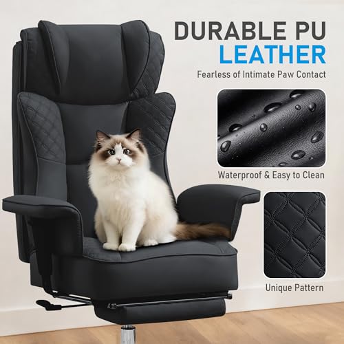OwgeinSet Big and Tall Office Chair, Ergonomic Leather Reclining Chair with Footrest, High-Back Comfy Executive Computer Desk Chairs with Lumbar Support, Wide Seat, 400LBS (Black)