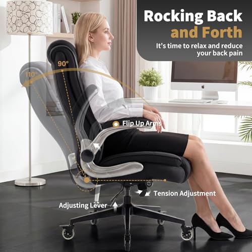 Fabric High Back Office Chair with Lockable Quiet Casters, Thick Padded Ergonomic Computer Chair- Adjustable Lumbar Support & Flip-Up Arms, Wide Executive Desk Chair for Back Pain, 400LBS Capacity