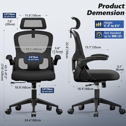 Ergonomic Office Chair, High Back Desk Chair with Flip-up Arms, 300 LBS Mesh Computer Chair with Adjustable Headrest & Lumbar Support, Comfy Gaming Chair for Adults, Home Office Desk Chairs (Black)