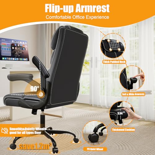 Executive Office Chair with Flip-up Armrests,Ergonomic Computer Desk Chairs,Mid-Tall Back Leather Office Chair,Lumbar Support Swivel PC Chair with Rocking Function