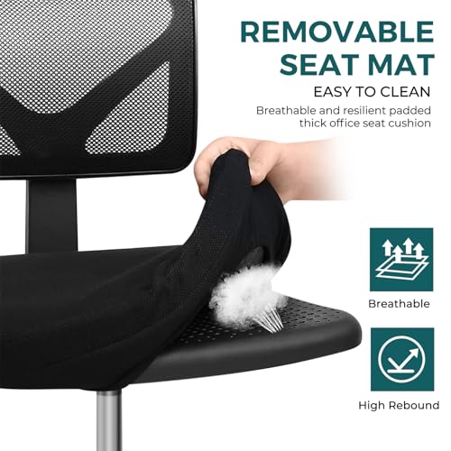 DUMOS Armless Office Chairs with Wheels, Ergonomic Adjustable Home Desk Swivel Rolling Task Chair No Arms, Comfy Mesh Mid Back Computer Work Vanity Desk Chairs for Small Spaces, New Black