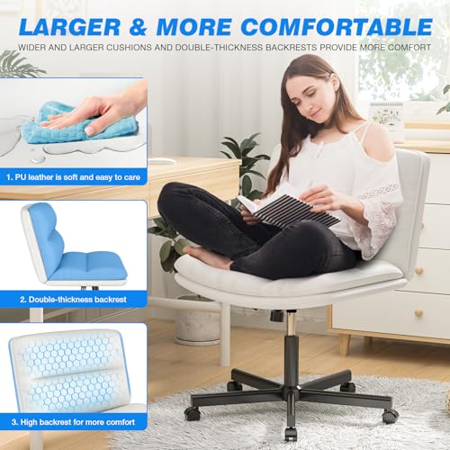 Rfiver Ergonomic Armless Criss Cross Chair with Height Adjustable and Swivel, Wide & Thickened Cushion Cross Legged Vanity Chair, Comfortable PU Leather Desk Chair for Computer Task and Make Up, White