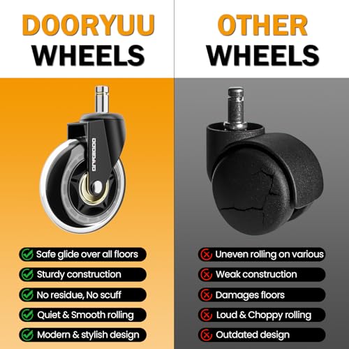 3-Inch Office Chair Caster Wheels for IKEA Chairs, 660 LBS（300kg Capacity, Heavy Duty Nylon Stem 3/8"-7/8", Transparent Rubber Wheels, Quiet & Smooth Rollers, Suitable for Hardwood Floors, Set of 5