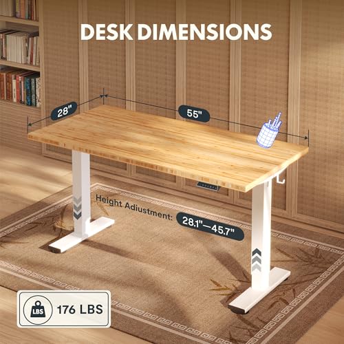 FLEXISPOT Solid Bamboo Standing Desk, 55" x 28" Real Bamboo Desktop with Natural Grain, Durable & Sustainable Workstation for Home Office and Multi-Monitor Setups (White Frame)