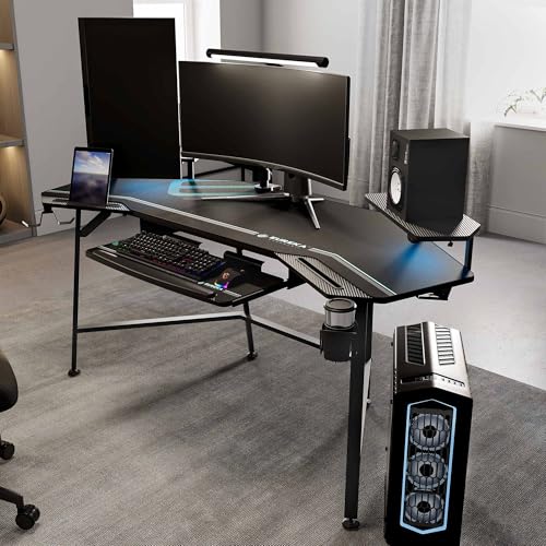 EUREKA ERGONOMIC Aero 72 Inch Gaming Desk with Keyboard Tray, Large Computer Desk Led Lights, Wing-Shaped Monitor Stand Dual Headphone Hanger Cup Holder for Studio,Streamer,Live,Black