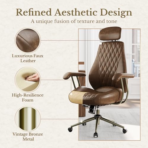Perledesign High Back Office Chair with Lumbar Support - Ergonomic Executive Desk Chair, Adjustable Swivel Computer Chair in Premium Faux Leather for Home Office Comfort, Brown