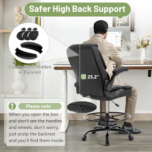 500LBS Drafting Chair, High Back Safer Standing Desk Chair, Executive Tall Office Chair with Flip-up Armrests, Upholstered PU Leather Task Chair, Ergonomic Seat with Adjustable Height&Foot Ring, Black