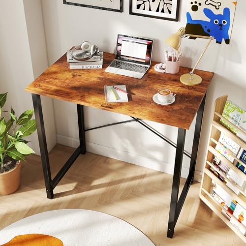 DUMOS 31 Inch Small Computer Desk for Home Office, Modern Study Writing Gaming Work Table Simple Style for Bedroom with X-Shaped ReInchforcement, Rustic Brown