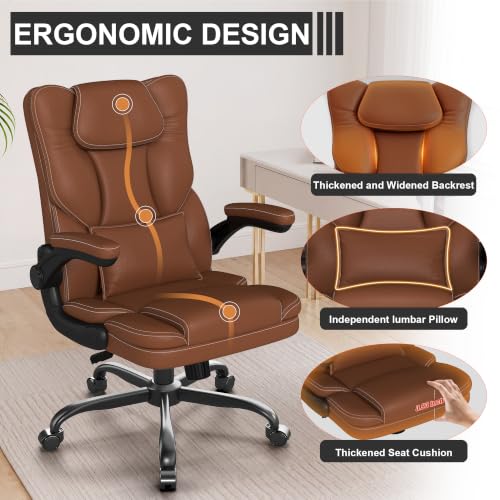 Ergonomic Office Chair with Flip-up Armrests, 300lbs Mid Back Computer Desk Chair with Lumbar Support, Executive Leather Chair with Rocking Function Adjustable Height for Home Office