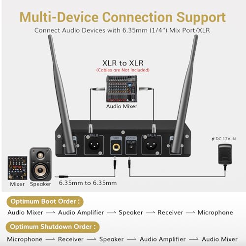 TONOR Wireless Microphones System, 2 * 15 Channel Metal Professional UHF Cordless Dynamic Handheld Mics with Receiver for Home Karaoke, Meeting, Party, Church, Wedding, KTV, 60 m/200ft, TW-820 Silver