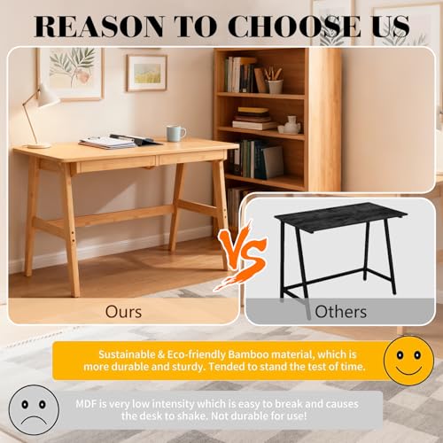 Nnewvante Writing Computer Desk 46" Bamboo Home Office Table with 2 Drawers, Modern Furniture Simple Study Makeup Workstation