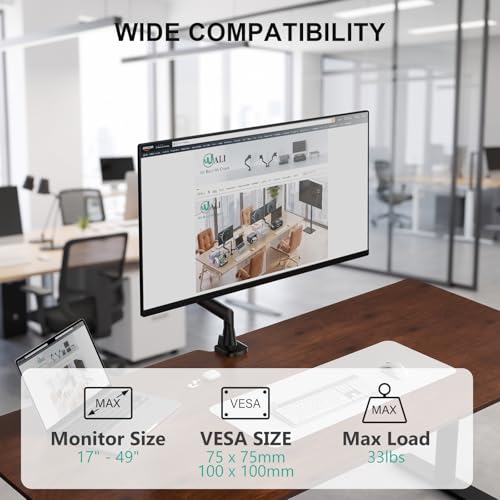 WALI Heavy Duty Single Monitor Arm for 17-49 Inch Flat Curved Ultrawide Screens, up to 33 Lbs, Adjustable Single Monitor Desk Mount for Home Office Gaming, VESA 75/100mm (GSM001XLN), Black