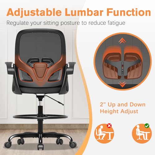 ORRSAKER Drafting Chair, Tall Office Chair with Flip-up Arms, Mesh Ergonomic Computer Standing Desk Chair with Adjustable Height Foot Ring and Lumbar Support, 300 LBS Capacity, Black
