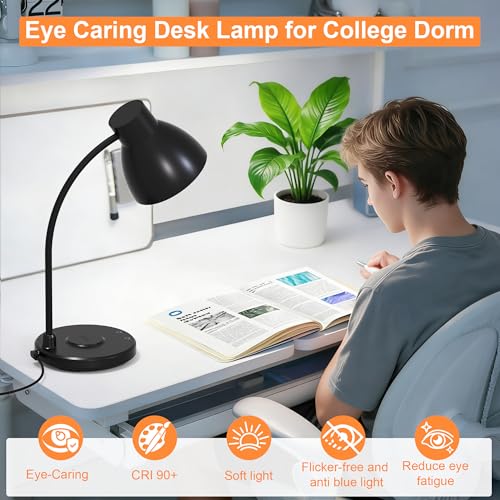 Vicsoon Desk Lamps for Home Office - LED Desk Lamp with Wireless Charger, 3 Color Modes Dimmable Eye-Caring Study Reading Desk Light, Small Flexible Arm Table Lamp for College Dorm Room Bedside, Black
