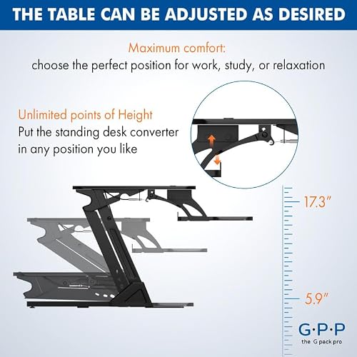 G-PACK PRO 38″ Wide Standing Desk Converter – Sit-to-Stand Workstation for Dual Monitors, Height Adjustable Up to 17.3″ with Large Keyboard Tray – Black