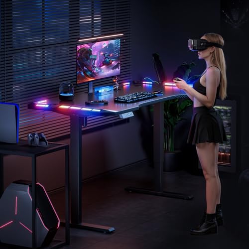 HLDIRECT Electric Gaming Standing Desk with LED Lights - 47“ Height Adjustable Sit Stand Desk, Carbon Fiber Gaming Table with Headphone Hook for Home Office PC Gamer, Black