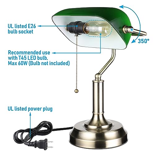 TORCHSTAR Green Glass Bankers Desk Lamp, Antique Desk Lamps with Brass Finish Base, Traditional Library Lamp with Pull Chain, E26 Base, Vintage Desk Lamp for Office, Study Room