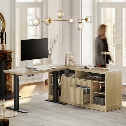 Perledesign L Shaped Standing Desk, 67 Inches Electric Adjustable Desk with Storage & 2 File Cabinets, Fluted Executive Corner Desk for Home Office with Built-in Outlets，1.18" Desktop, Light Walnut