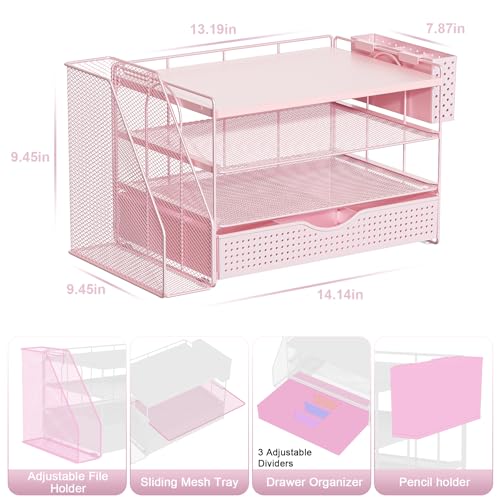 gianotter Wood Desk Organizers and Accessories with File Holder, 4-Tier Desk Accessories & Workspace Organizers with Drawer and Pen Holder, Desk Reference Organizer (Pink, 4T with Drawer)