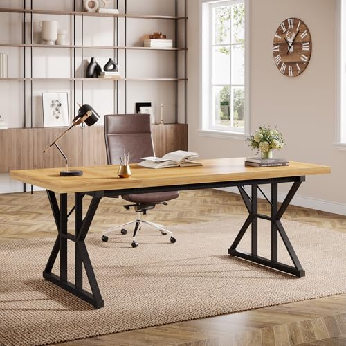 Tribesigns 70.86-Inch Large Executive Desk, Industrial Home Office Computer Desk, Simple Long Writing Study Table Business Furniture (Light Walnut/Black)