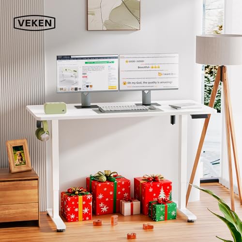 Veken 55 Inch Large Electric Standing Desk,Sit to Stand Up, Heights Adjustable, Work Home Office Computer Table for Study, Walking Pad, Writing, and Games, Wooden Desktop Desks, White