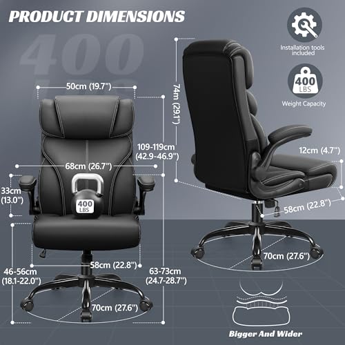 HeroSet Office Chair, Ergonomic Big and Tall Computer Desk Chairs, Executive Breathable Leather Chair with Adjustable Flip-up Armrests, Lumbar Support Swivel PC Chair with Rocking Function,Matte Black