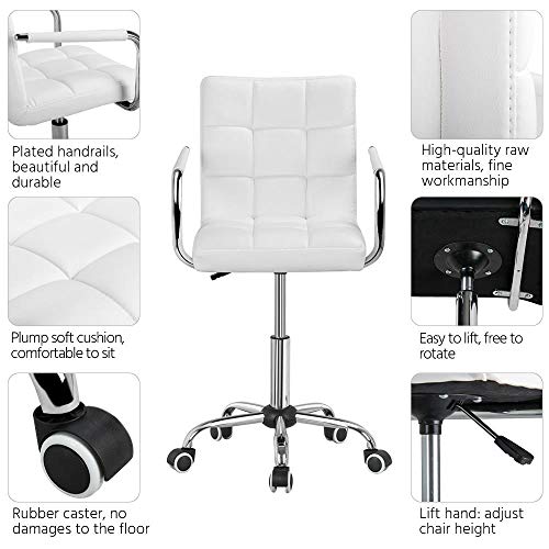 Yaheetech White Office Chair with Wheels and Armrests, Modern PU Leather Desk Chair, Mid-Back Adjustable Executive Chair, 360° Swivel