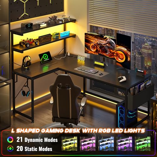 DurayLoly 53 Inch L Shaped Desk Gaming Desk with LED Light & 5 Power Outlet, Reversible Computer Desk with Shelf & Storage Bag Gamer Corner Desk with Headphone Hook for Gaming Room,Small Space,Black