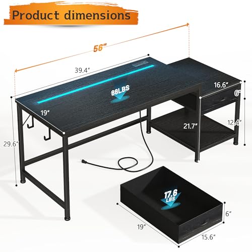 56 Inch Gaming Desk with Printer Shelf and LED Lights,Reversible Computer Desk with Drawers and Power Outlets,Study Table with Hooks for Headphone,Bags,Black Desk Work Desk for Teen Bedroom,Dorm
