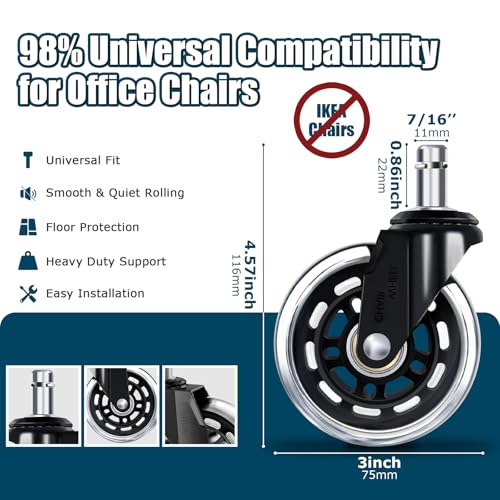 3 Inch Office Chair Wheels Set of 5, Heavy Duty PU Silent Chair Casters 880LBS Load Bearing, Universal 11mm Stem Replacement, Smooth Glide Floor Protecting for Home Office Gaming Desk Computer Chair