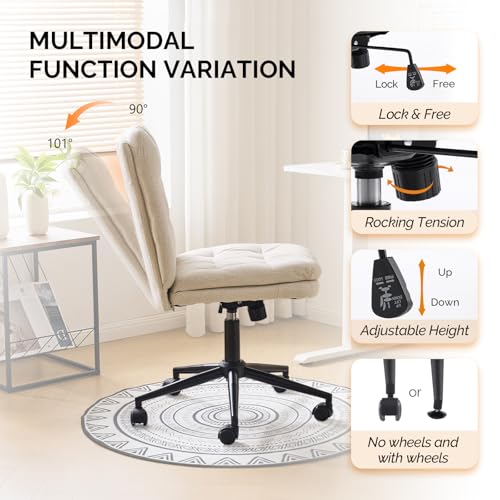 VINGLI Mid Back Armless Office Desk Chair with Wheels/no Wheels,360°Rocking Swivel Vanity Chair with Thickened Cushion,Adjustable Height Rolling for Reading Room, Make up,Linen Beige