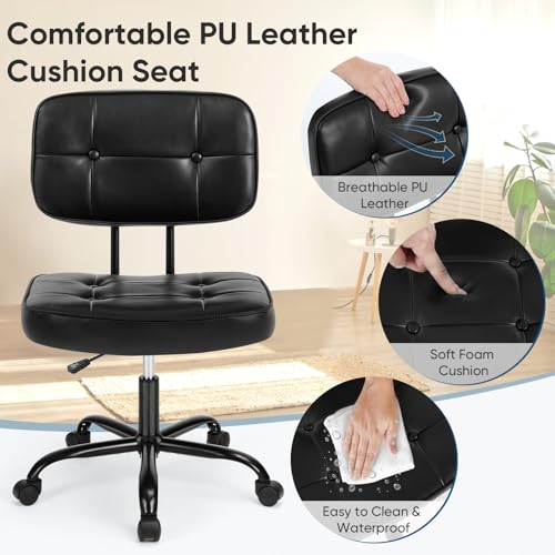 DUMOS Home Office Desk Chair - Ergonomic Armless PU Leather Computer Rolling Task Chair，with Comfy Lumbar Support and Height Adjustable, Vanity, Bedroom, Living Room, Black