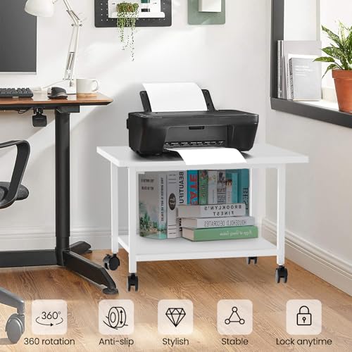SwaaVee Printer Stand, 2-Tier Under Desk Printer Stand, Printer Cart with Wheels for Home, Office, Heavy-Duty Storage Shelf, White