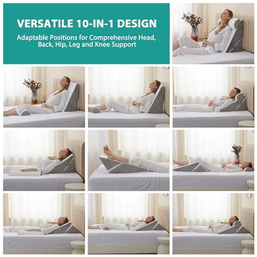 Bedluxe Wedge Pillow Headboard, 3PCS Orthopedic Bed Wedge Pillows Set for After Surgery, Adjustable Pillow Wedge for Acid Reflux&Back Pain Relief, Sleeping, Back Pillow for Bed Sitting Up, White/Grey