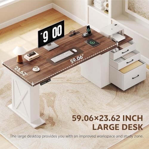 Homiflex 75.5'' Electric Standing Desk with Drawers, Farmhouse Height Adjustable Corner Desk, Sit Stand Office Desk with 4 AC Outlets & Type C Port, Executive Computer Desk, Brown & White