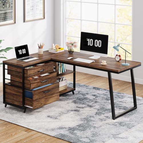 Tribesigns L-Shaped Computer Desk with 3 Drawers, Reversible Corner Home Office Desk with Shelves, 53-Inch Industrial PC Desk Study Writing Table Workstation for Small Space, Rustic Brown