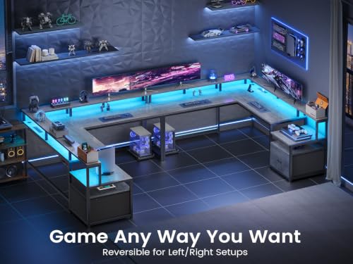 SEDETA L Shaped Desk, 66" Home Office Desk with File Drawer & Power Outlet, Gaming Desk with Led Lights, Corner Computer Desk with Monitor Shelf, Printer Storage Shelves, Two Person Desk, Grey