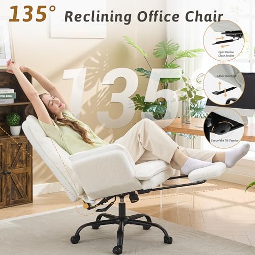 Office Chair,Big and Tall Heavy-Duty Executive Reclining Computer Gaming Chair with Footrest,Flip Armrests,Lumbar Pillow&Thicken Wider Seat for Criss Cross Legged Desk Vanity Chair,Teddy Fabric White