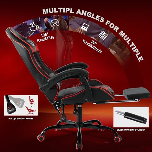 Gaming Chair for Adults, Ergonomic Gamer Chair with Footrest, Spring Pocket Cushion, Computer Office Desk Reclining Chair with Enlarged Metal Base, Linkage Armrests, Lumbar & Headrest (Black & Red)