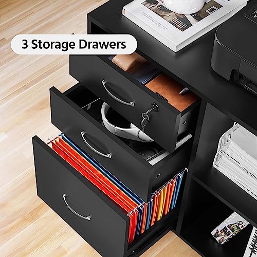 Yaheetech Black File Cabinet with Lock for Letter, A4 Size,3 Drawer Lateral Cabinet Printer Stand with Open Storage Compartments for Home Office, Black
