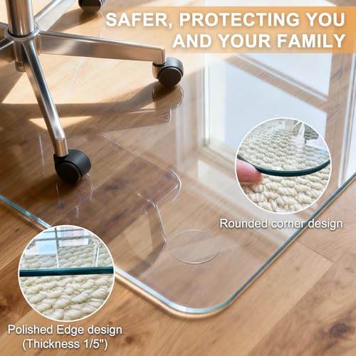 Azadx Tempered Glass Chair Mat for Carpet 32" x 48" Heavy Duty Office Chair Mat for Carpets 1/5" Thick for Carpeted Floor/Hard Floor Easy Glide Carpet Protector with Round Corner and Polished Edge
