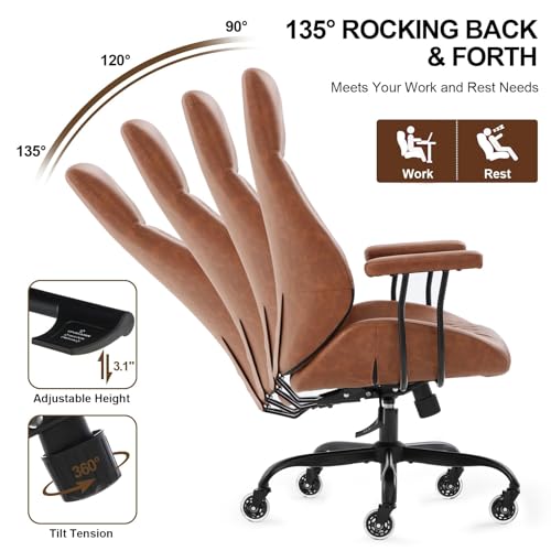 E-Motie Office Chair with Rubber Wheels, Ergonomic Computer Chair 500 lbs, Leather Desk Chair with Lumbar Support, Executive Chair Adjustable Height & Recline, Brown