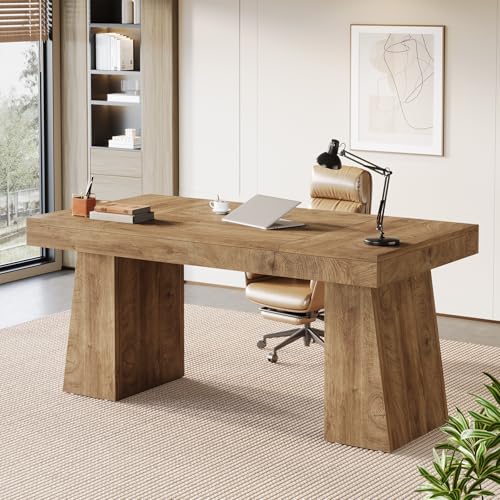 Tribesigns 55-Inch Executive Desk, Thick Wood Office Computer Desk with Double Pedestal, Modern Minimalist Workstations Writing Table Conference Table Furniture for Home Office, Brown