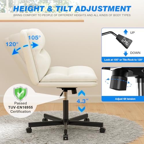 Rfiver Ergonomic Armless Criss Cross Chair with Height Adjustable and Swivel, Wide & Thickened Cushion Cross Legged Vanity Chair, Comfortable PU Leather Desk Chair for Computer Task and Make Up, White