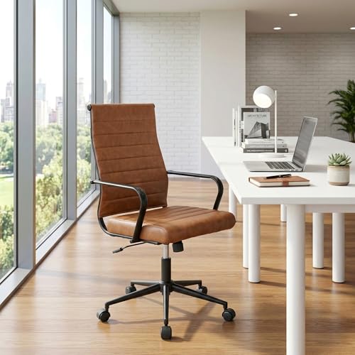 Okeysen Leather Office Desk Chair, Mid-Century Modern Leather Conference Room Chairs, Ergonomic Executive Ribbed Height Adjustable Swivel Rolling Chair for Home Office.