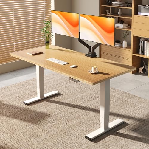 FLEXISPOT E6 MAX Bamboo 60x30 Inch Dual Motor 3-Stage Heavy Duty Standing Desk, 330lbs Weight Capacity, Height Adjustable Desk w/Cable Management & Wheels (Solid Bamboo Desktop + White Frame)