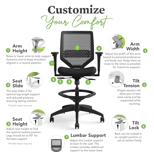 HON Solve Standing Desk Chair with Breathable ReActiv Mesh Back, Adjustable Lumbar Support and Footring, Ergonomic Task Stool with Height Adjustable Arms for Sit‑Stand Workstations, Black