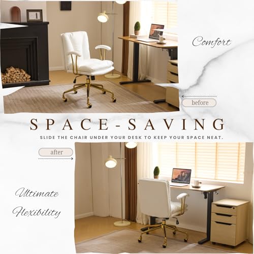VINGLI Home Office Desk Chair Comfy with Wheels & Removable Armrests,Gold Base Vanity Chair with Back, Adjustable Rolling Swivel Computer Task Chair for Study,Makeup,Office,Bedroom,PU Leather,White