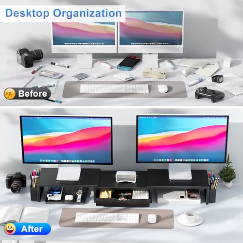 gianotter Dual Monitor Stand Riser, Desk Organizer With Drawer and 2 Pen Holders, Computer Monitor Stand, Desk Shelf for Top of Desk (Black)