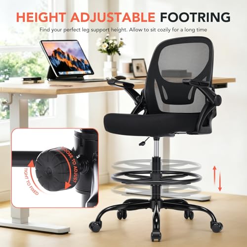 shipborne Drafting Chair, Tall Office Chair with Adjustable Footrest Ring, Standing Desk Chair with Flip-Up Armrests, Breathable Mesh High Desk Chair for Counter Height Desk, Black